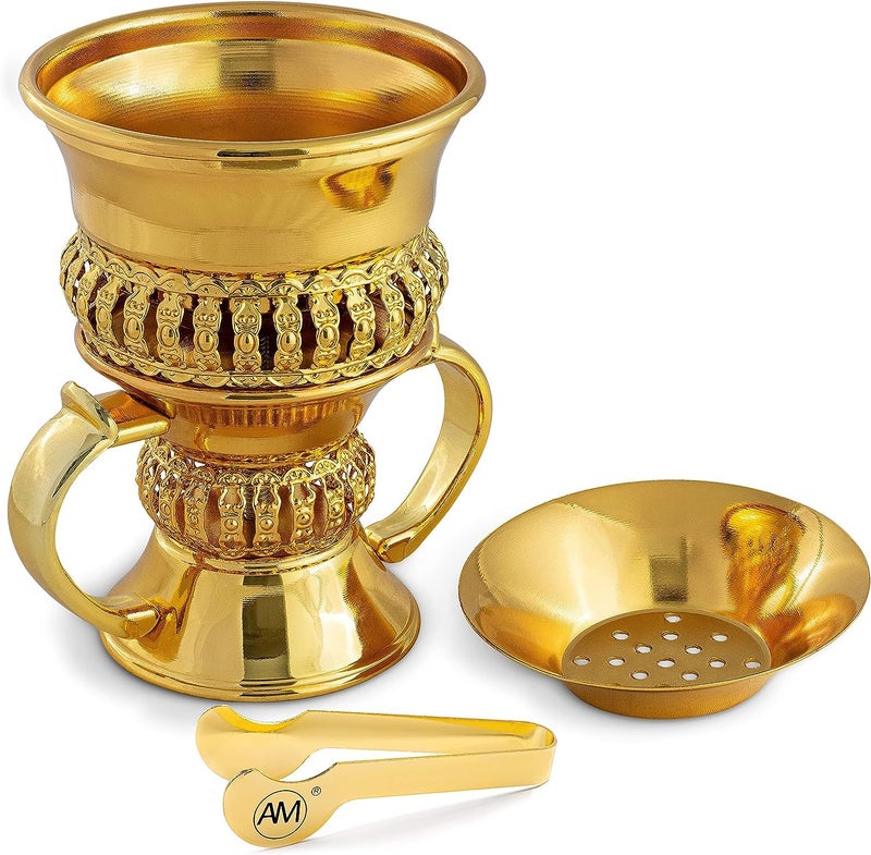 AM Regal Metal Incense Burner - Bakhoor Burner Mubkhara â€“ Frankincense Resin Burner - Ideal for Yoga, Spa & Aromatherapy (Gold) - Image 1